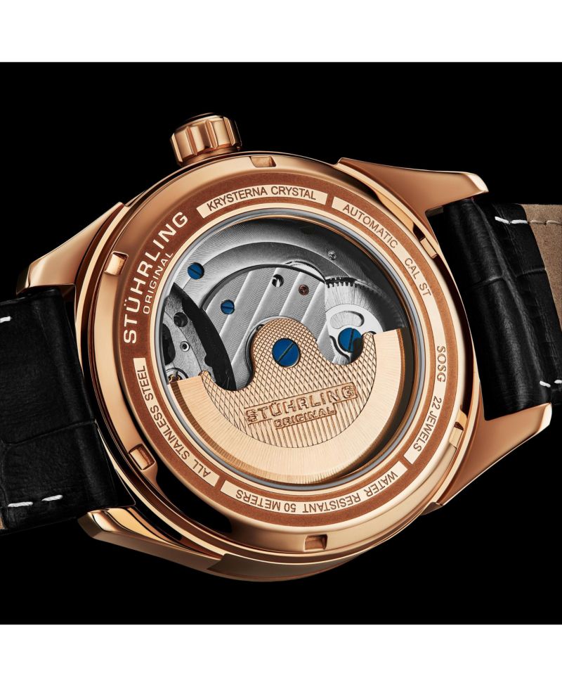 Vanguard 1019.04 Legacy Collection Dual Time Automatic Skeleton Watch 42mm Rose Gold Tone Black Dial Leather Strap