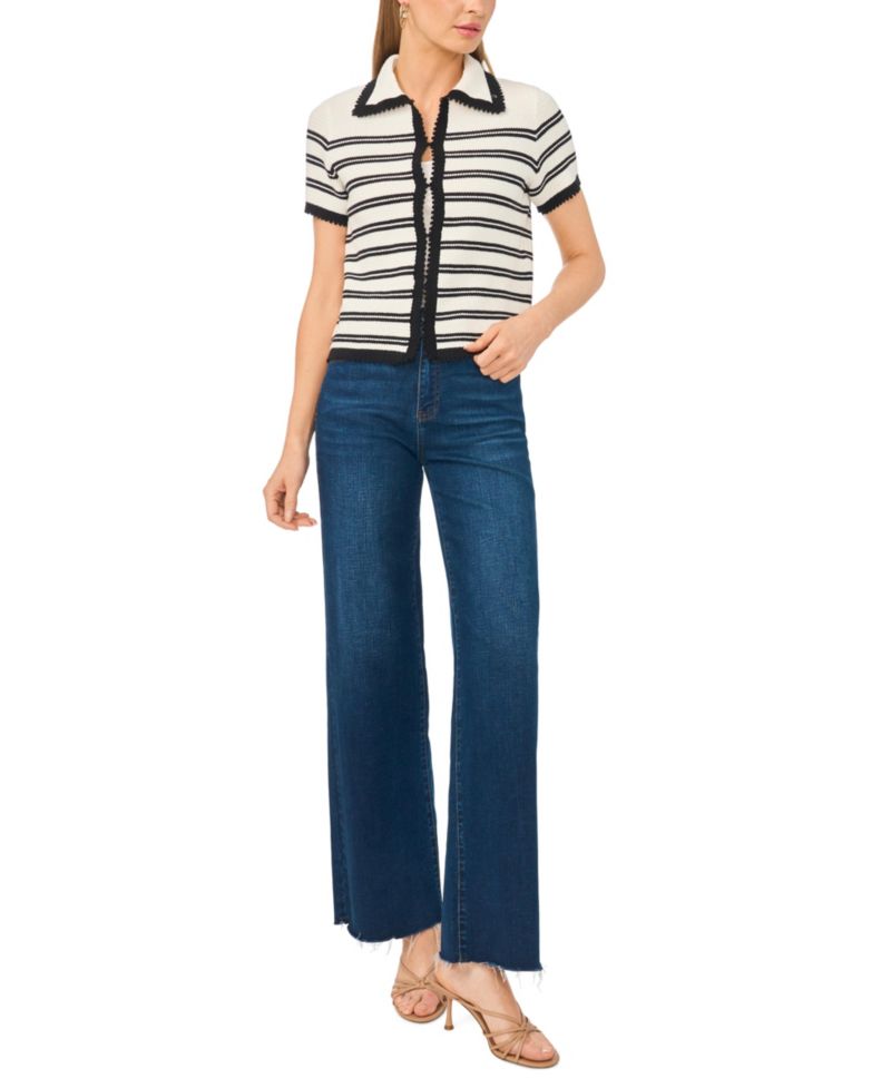 Women's Striped Collared Short-Sleeve Cardigan