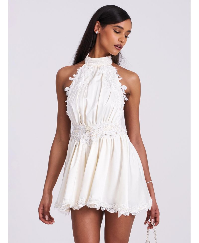 Women's Idalia Beaded Lace Trim Backless Halter Mini Dress