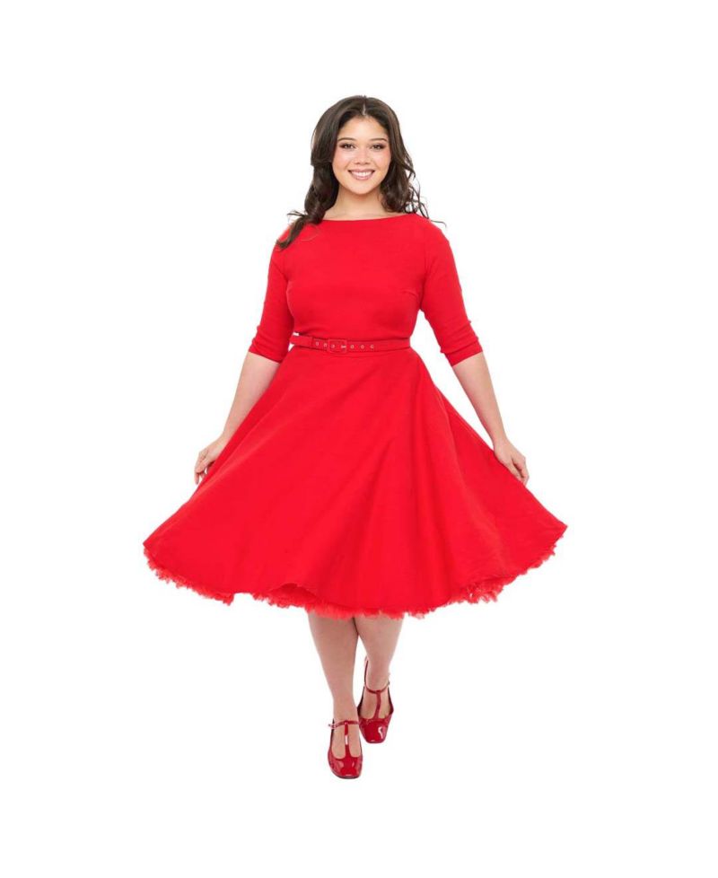 Plus Size Three Quarter Sleeve Belted Devon Swing Dress