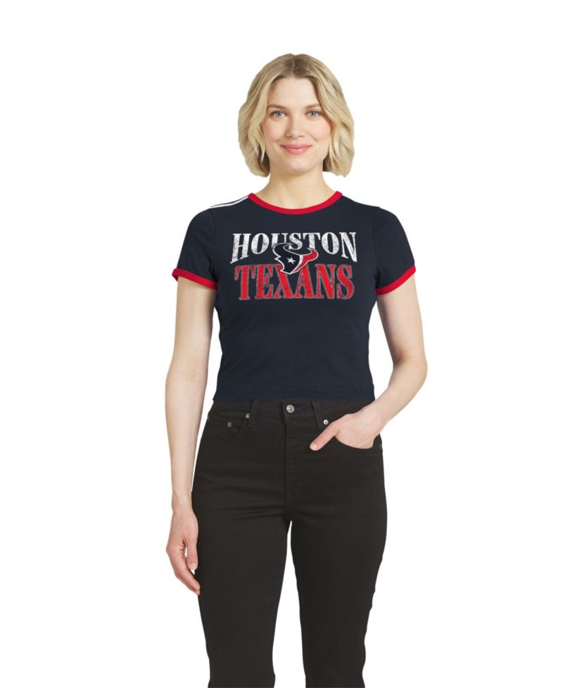 Women's Navy Houston Texans Cropped Throwback Ringer Baby T-Shirt