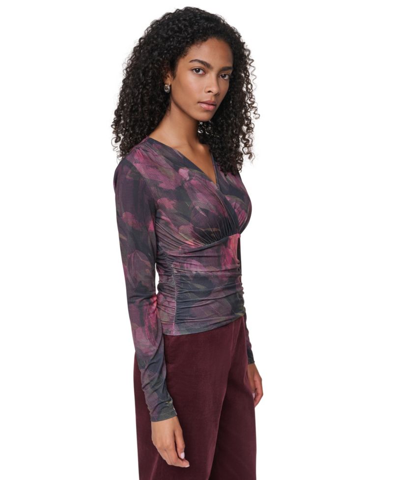 Women's Floral-Print Ruched Long-Sleeve V-Neck Blouse