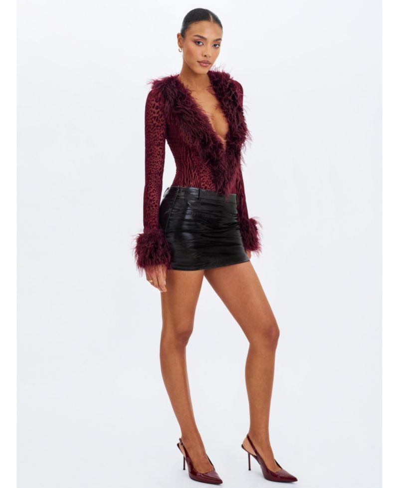Women Valene Burgundy Burnout Velvet Fur-Trim Bodysuit