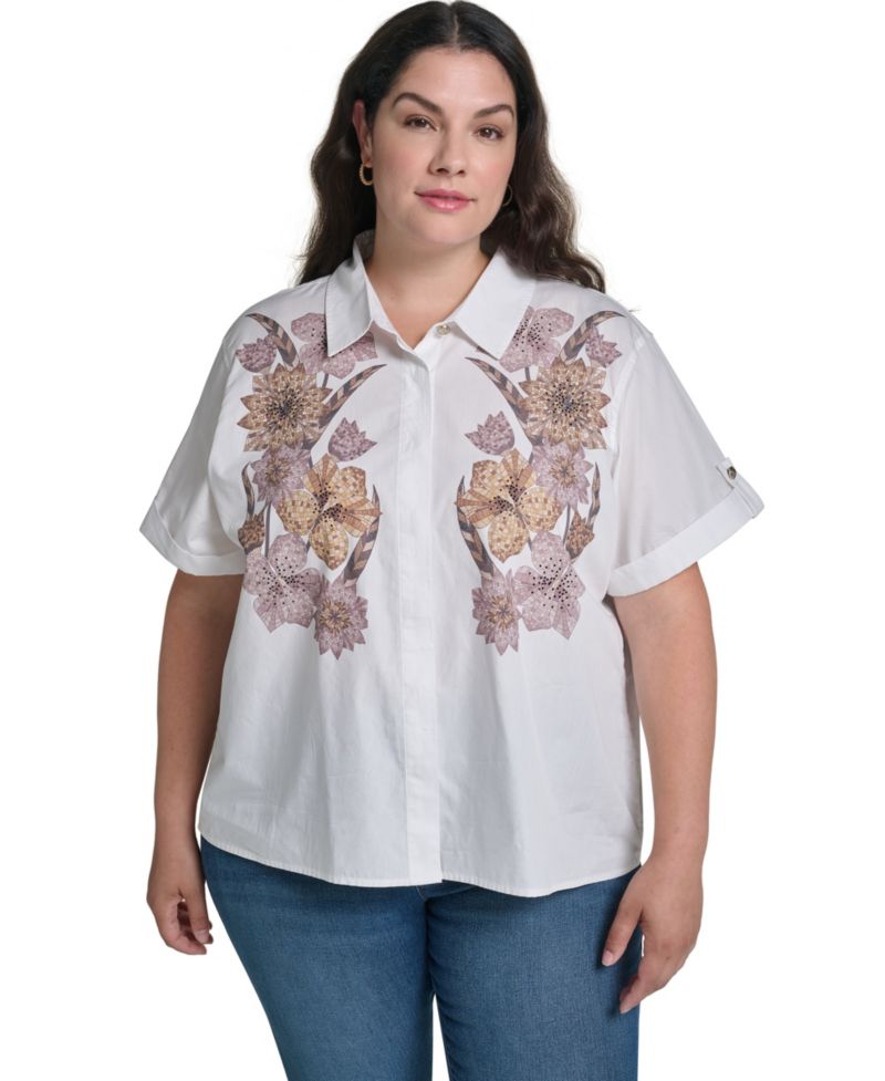 Plus Size Floral Short-Sleeve Collared Blouse