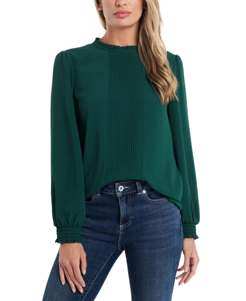 Women's Long Sleeve Smocked Cuff Pin-Tuck Front Blouse
