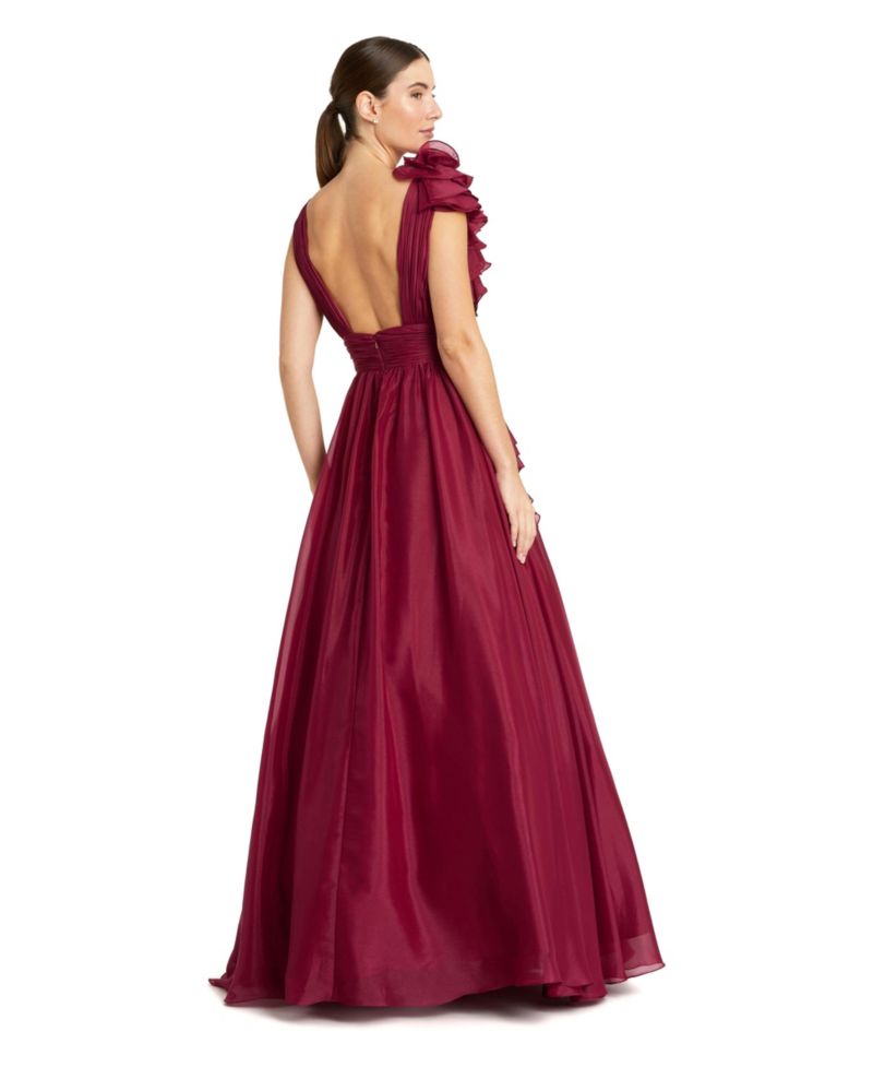 Petite Ruffle Shoulder V-Neck A-Line Evening Gown