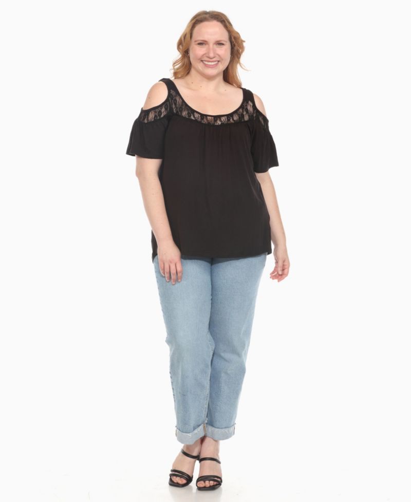 Plus Size Cold Shoulder Lace Trim Knit Top
