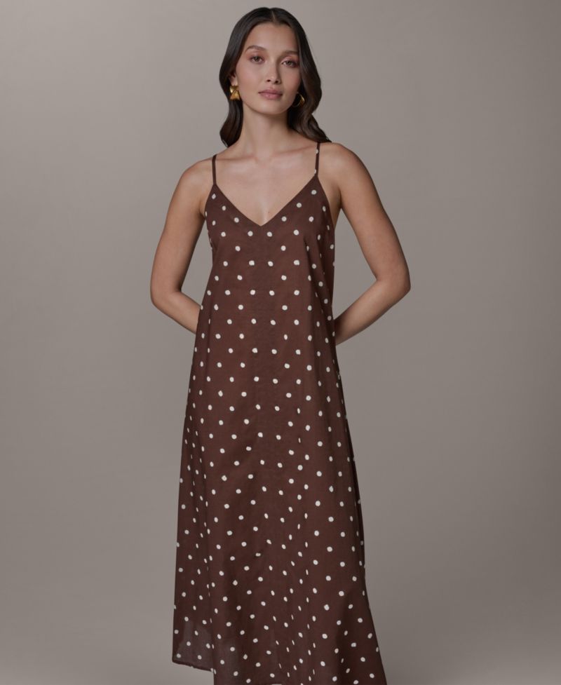 Women's Cotton Voile Dot Print Elastic Back V-Neck Spaghetti Strap Maxi Dress