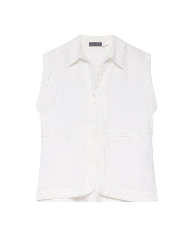 Women's Sleeveless Collared Pocket Linen Blouse