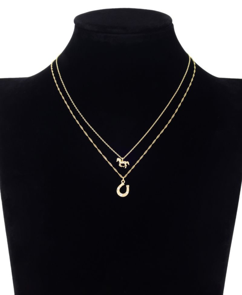 Cubic Zirconia Gold-Tone Plated Western Horse & Horseshoe Pendant Duo Necklace Set