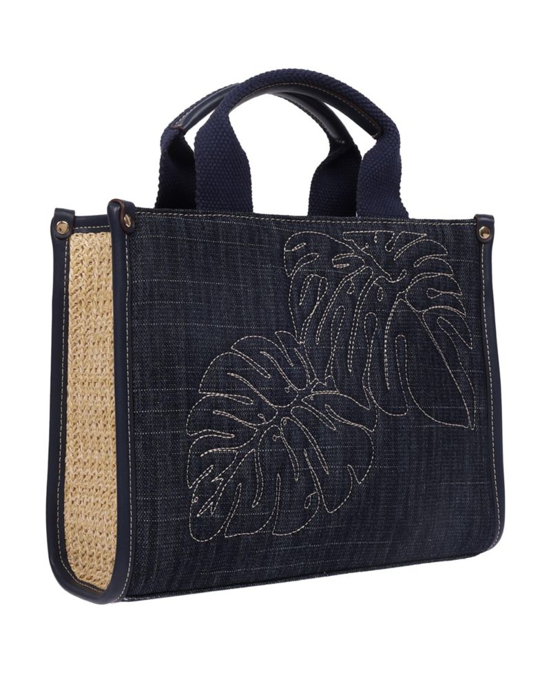Dorothy Medium Denim Tote - Embroidered Leaf Convertible Top Handle and Crossbody Bag