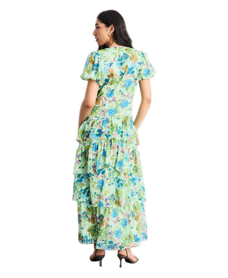 Women's Waist Puff Sleeve Tiered Midi Dress