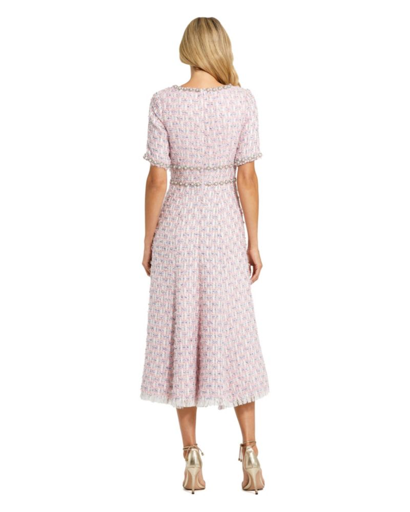 Women's Short Sleeve Beaded Trim Boucle Midi Dress
