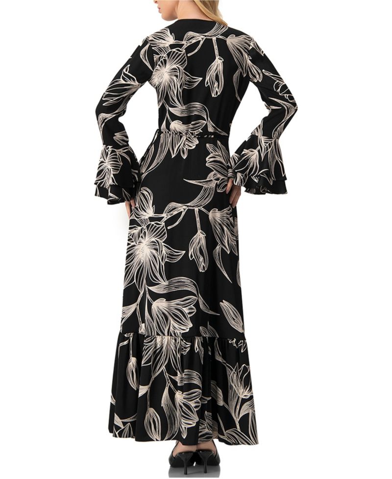 Women's Long Black Dress with Floral Print