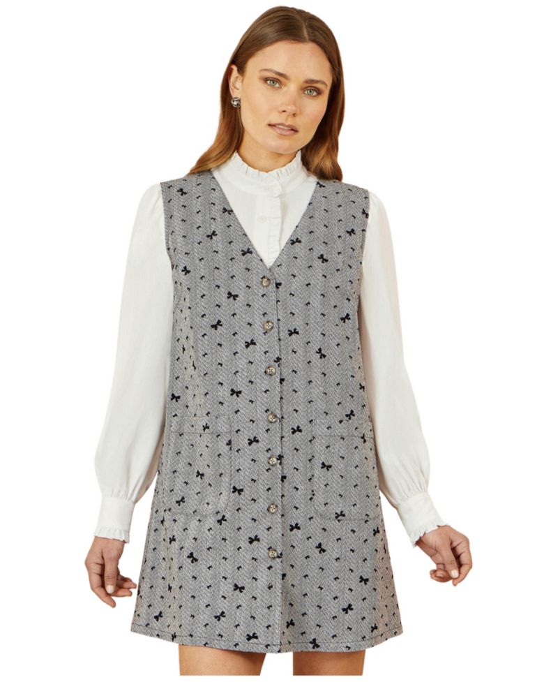 Women's Bow Print Button Up Pinafore Dress