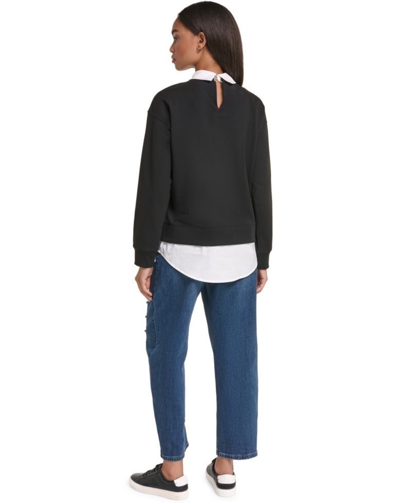 Petite Collared Twoffer Long-Sleeve Loose-Fit Pullover Sweater