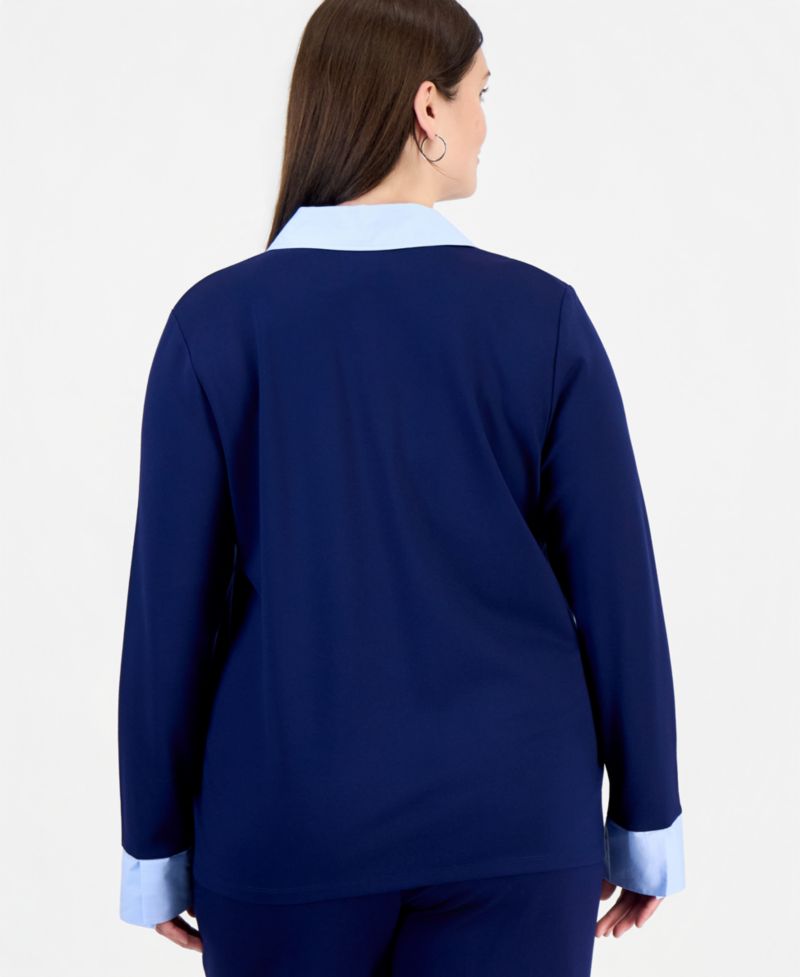 Plus Size Twofer Long-Sleeve Collared V-Neck Woven-Cuff Blouse