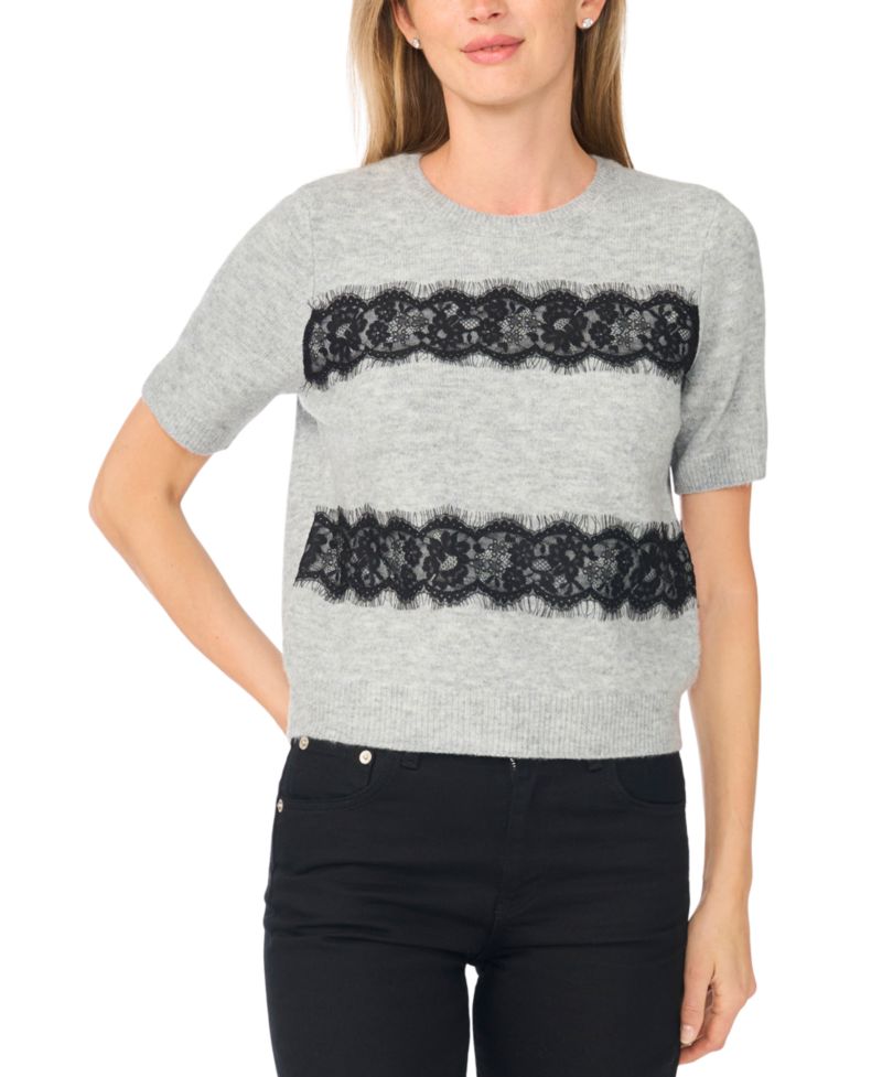 Women's Crewneck Short-Sleeve Lace Stripe Sweater