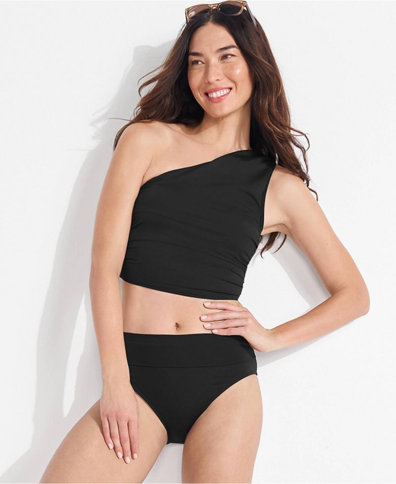 Women's Long Torso Ruched One Shoulder Midkini Top 16.75"