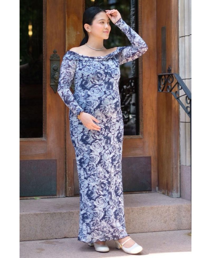 Women's Floral Off Shoulder Mesh Knit Midi Dress