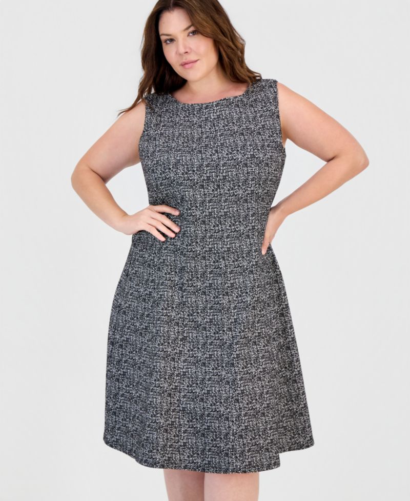 Plus Size Multi Seam Fit Flare Boat Neck Sleeveless Dress