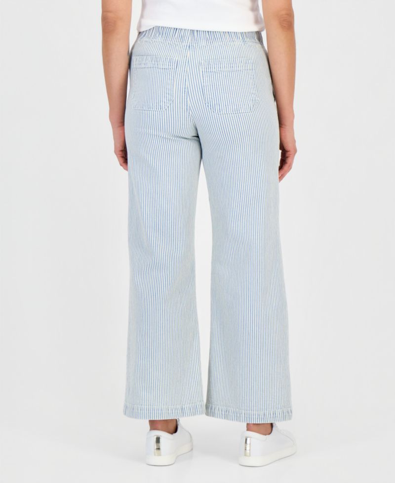 Petite Engineer-Stripe Pull-On Wide-Leg Jeans
