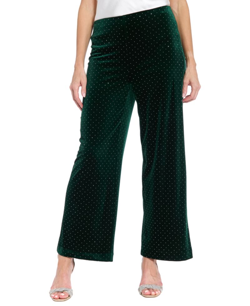 Women's Clean Waistline Velvet Wide-Leg Stud-Embellished Pants