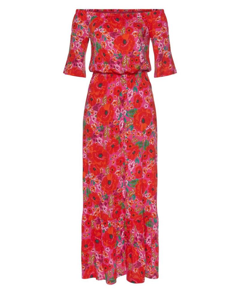 Women's Viscose Printed Off Shoulder Elastic-Waist Maxi Dress