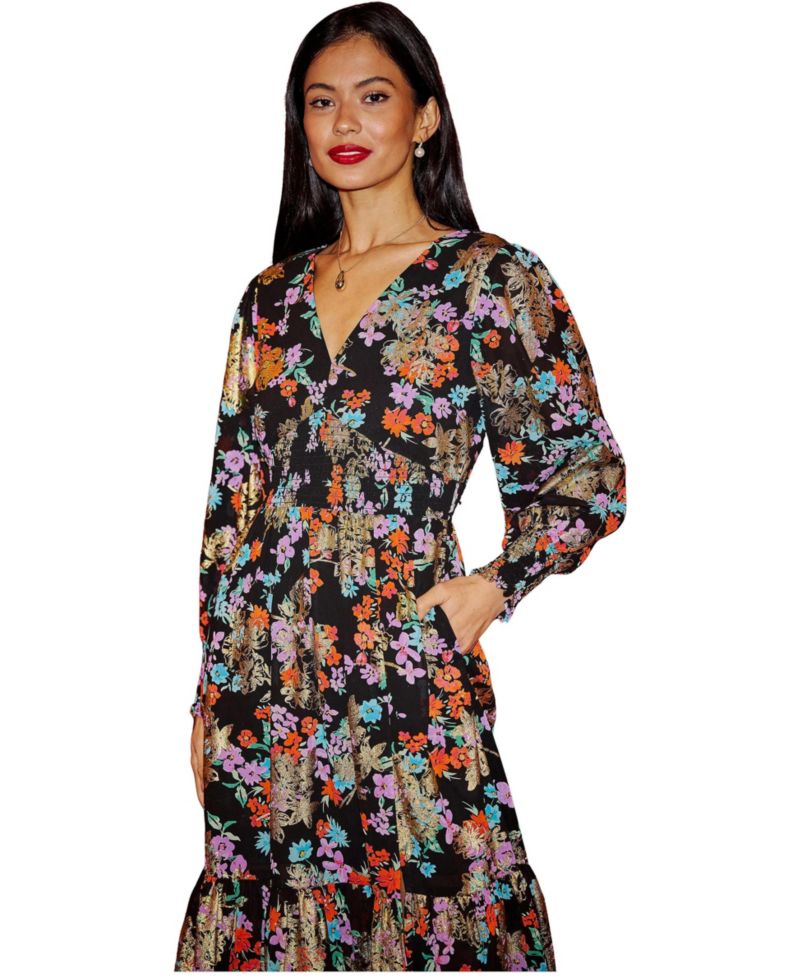 Women's Floral And Foil Ruched Midi Dress