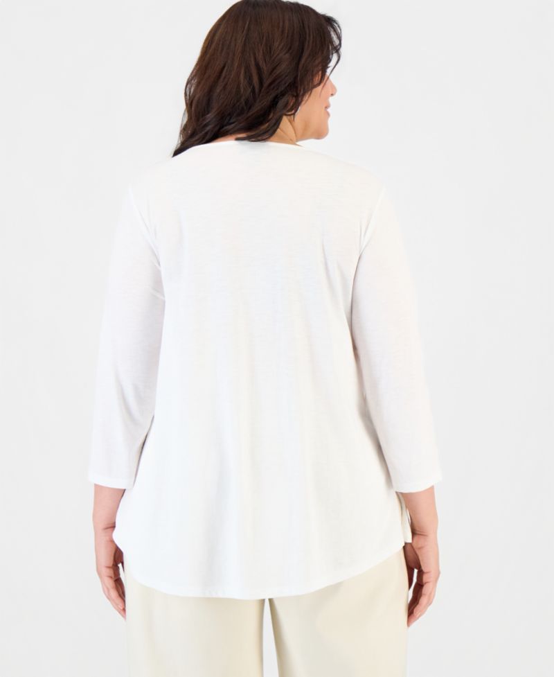 Plus Size Pintuck Split-Neck 3/4-Sleeve Top