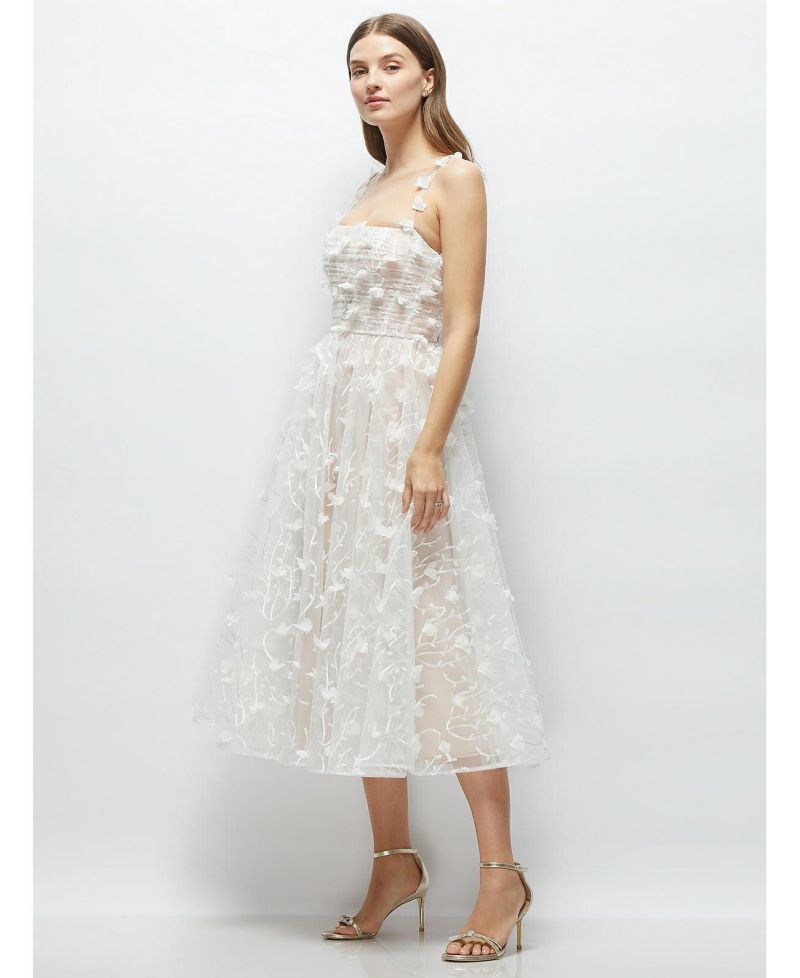 Women's 3D Embroidered Little White Midi Dress with Nude Corset Underlay