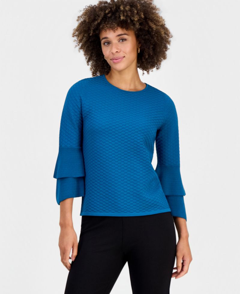 Petite Textured Knit Flared-Cuff 3/4-Sleeve Top