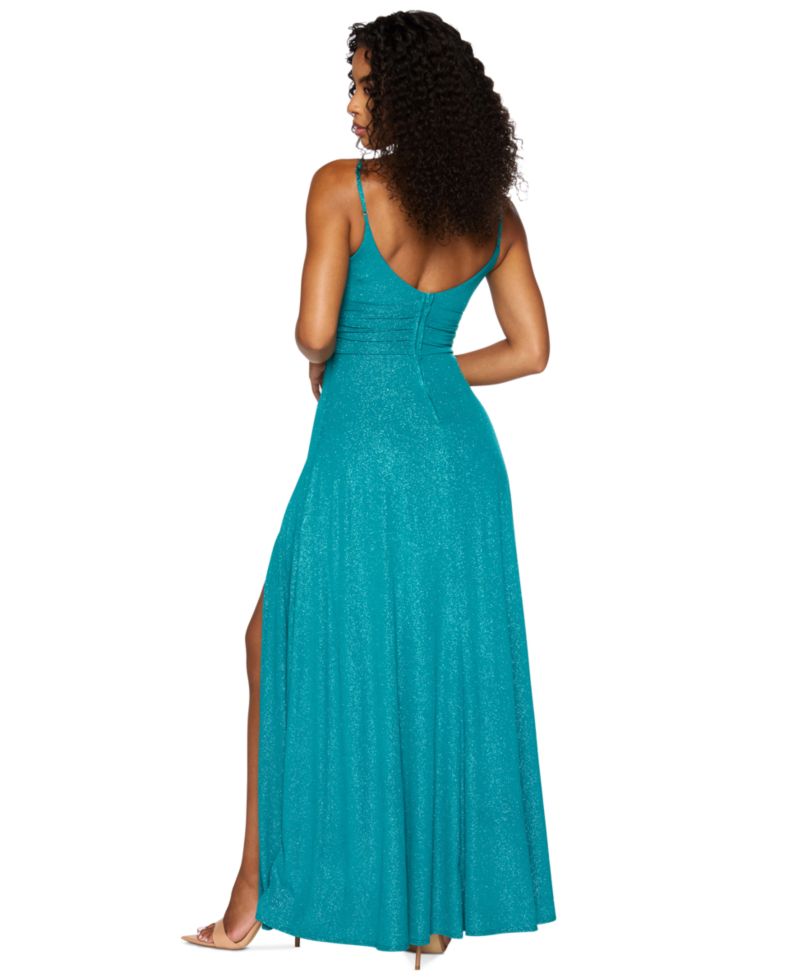 Juniors' Glitter Ruched-Bodice Front-Slit Gown