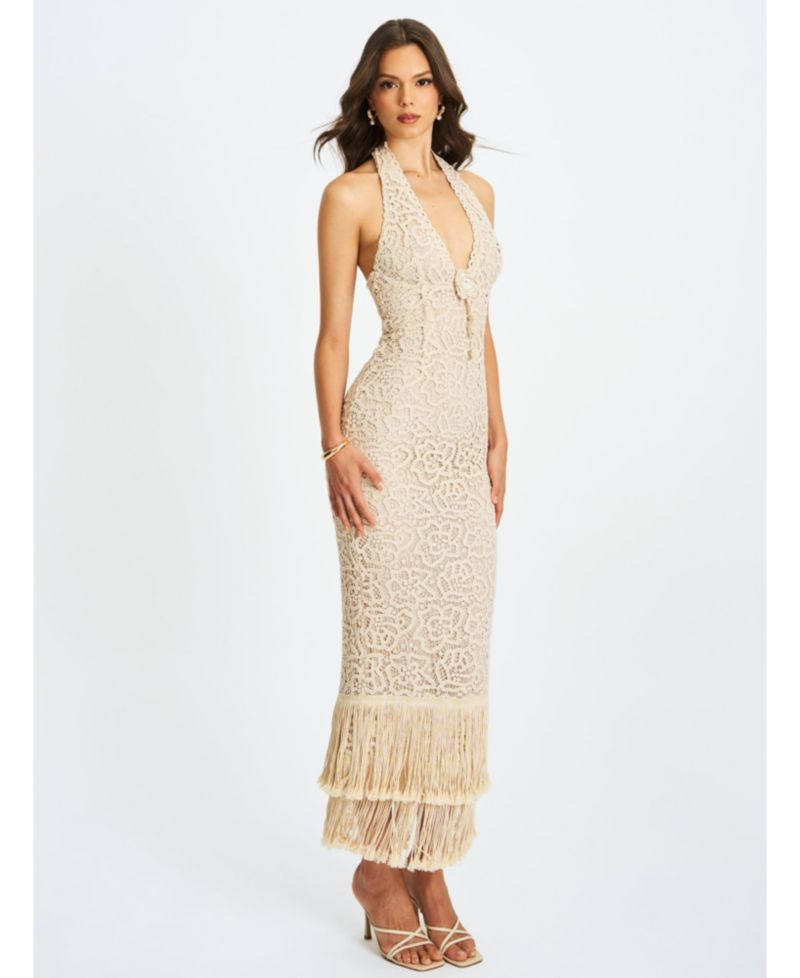 Women Faelyn Off-White Double Fringe Crochet Halter Maxi Dress