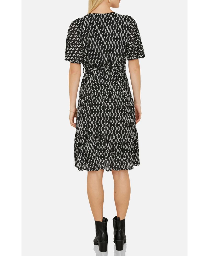 Women's Short Sleeve Tie Waist Midi Skater Dress
