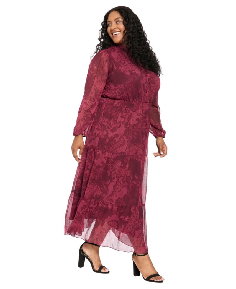 Petite Floral-Print Sheer Long-Sleeve Tiered Long Dress