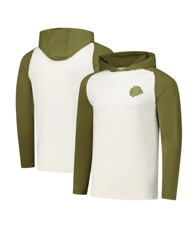 Men's Cream/Olive Chicago Blackhawks Intrepid Sand Raglan Long Sleeve Hoodie T-Shirt
