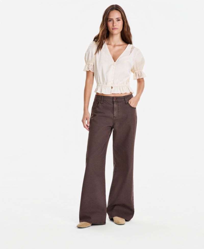 Women's Satin Puff-Sleeve V-Neck Top