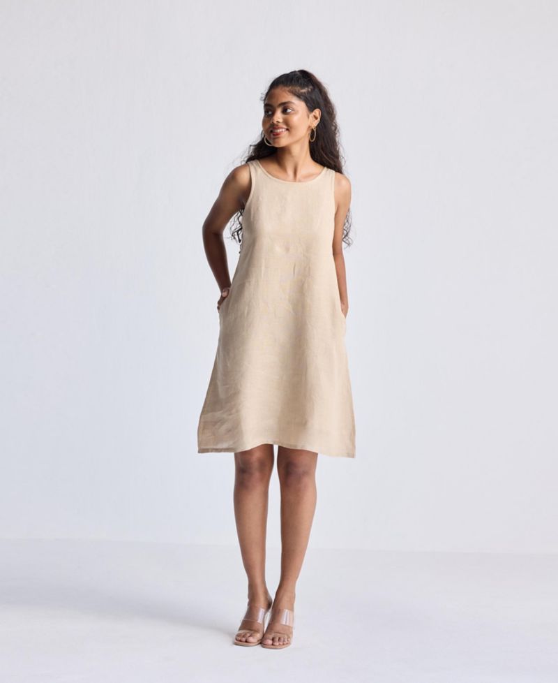 Women's Hemp Short Dress with Back Embroidered Lace Detail