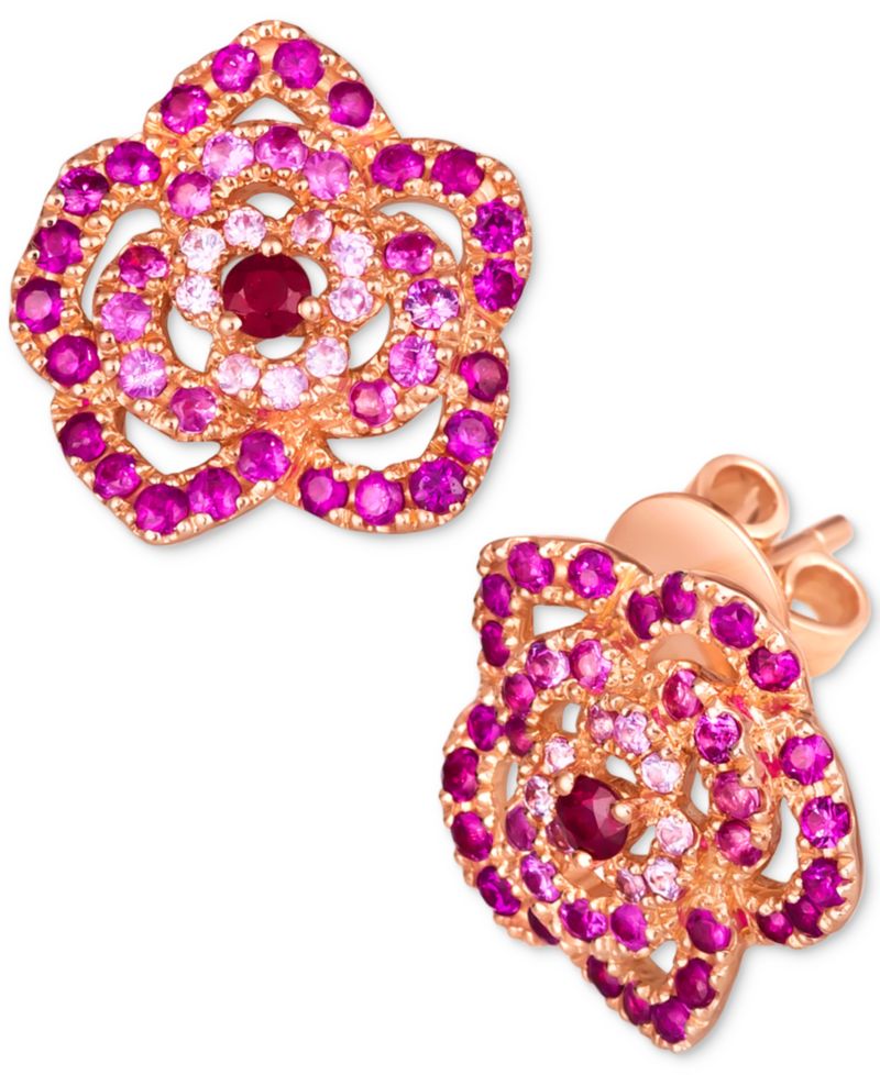 Passion Ruby (1/8 ct. t.w.) & Bubble Gum Pink Sapphire (1-1/6 ct. t.w.) Flower Stud Earrings in 14k Rose Gold