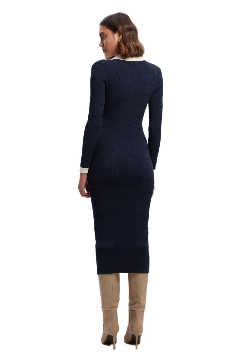 Women's Rib Contrast Button Knit Midi Dress