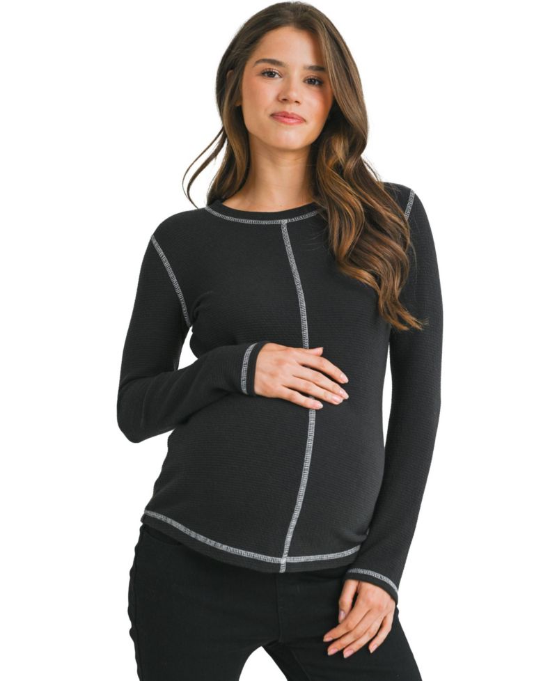Maternity Waffle-Knit Crewneck Long-Sleeve Top
