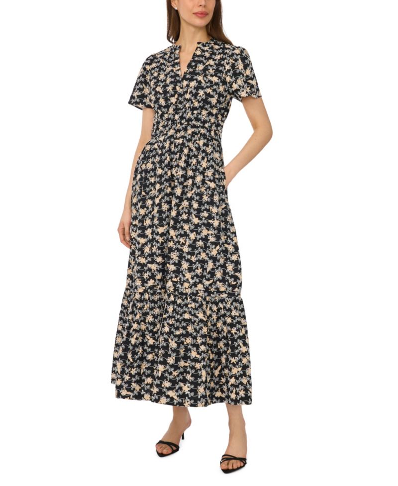Women's Short-Sleeve V-Neck Printed Maxi Dress