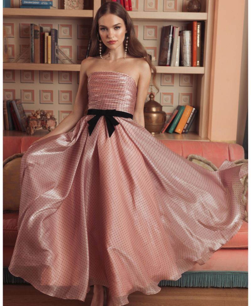 Women's Polka Dot Organza Strapless Dress With Bow