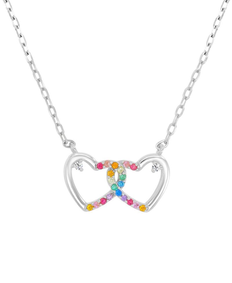 Multicolor Cubic Zirconia Interlocking Hearts Pendant Necklace in Sterling Silver 18"