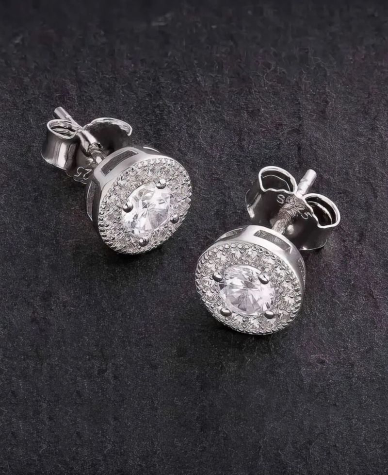 Men's Cubic Zirconia Iced Stud Earrings in 14k White Gold Plated Sterling Silver
