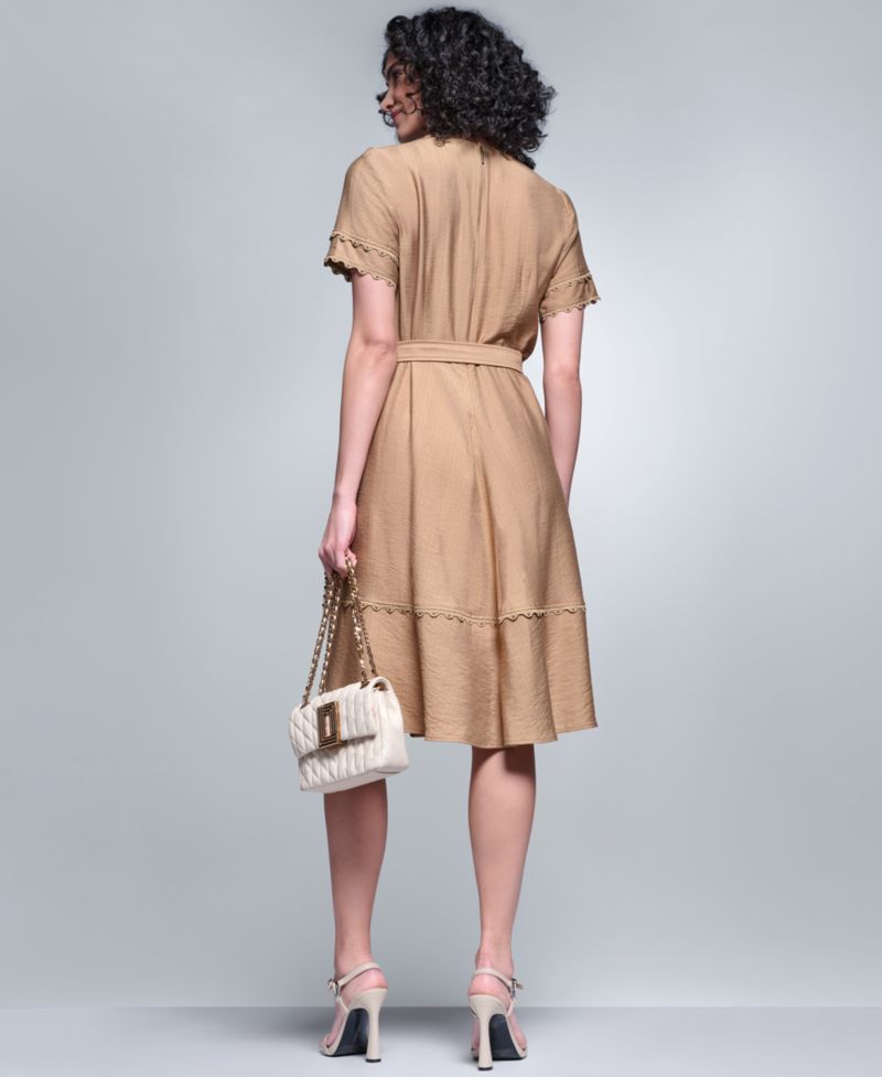 Women's Belted Nailhead Trim V-Neck Dress