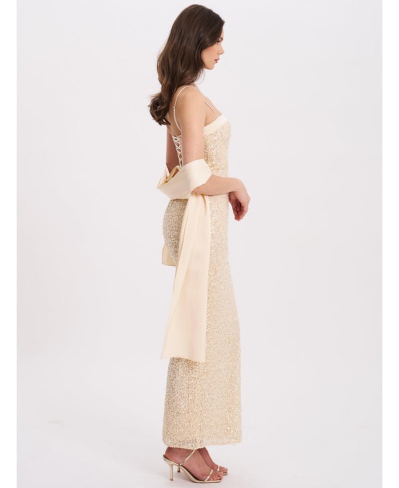 Women's Raizel Gold Beaded Sequin Bodycon Gown with Scarf