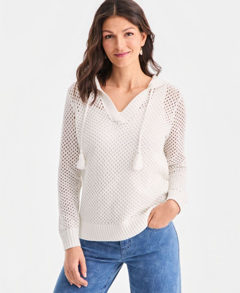Petite Long-Sleeve Open Stitch V-Neck Hooded Sweater
