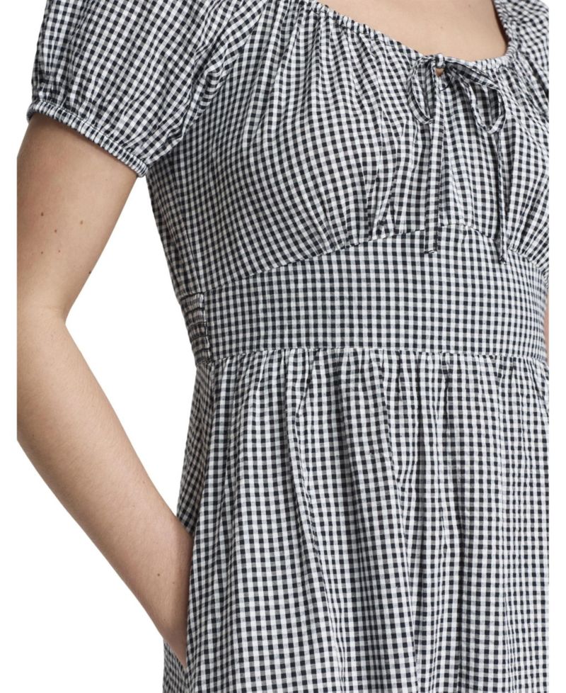 Women's Kaitlyn Gingham Short Puff-Sleeve Sweetheart Midi Dress